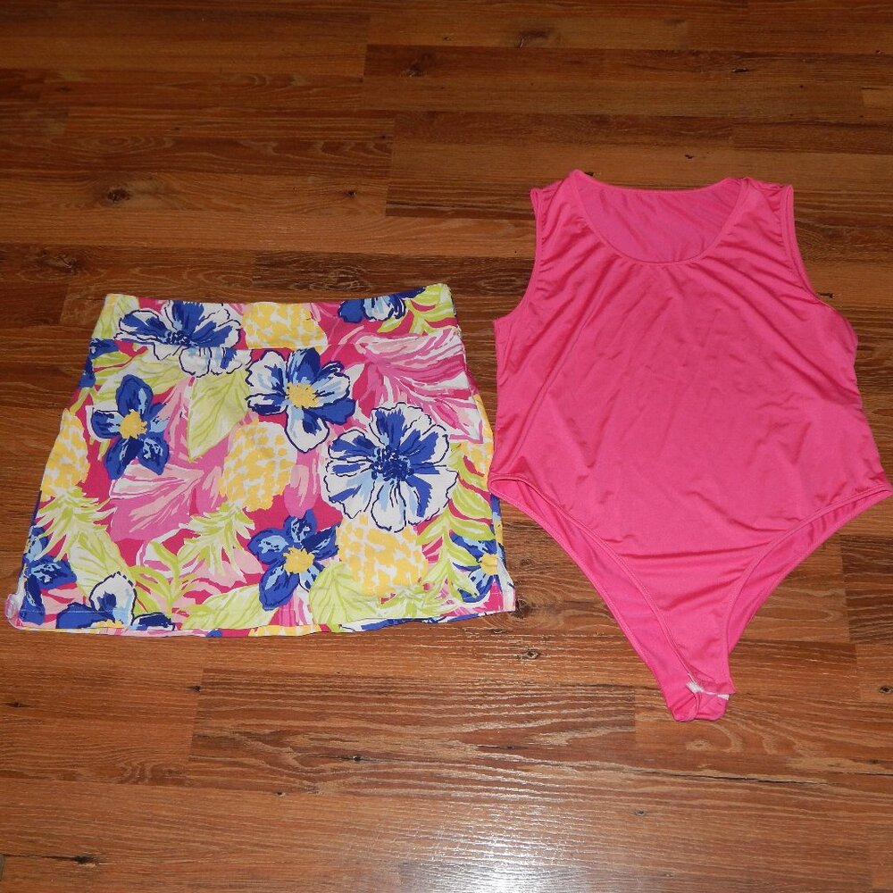 Women's Size XL Rafaella Tropical Floral Pineapple Print Skirt Shorts & Bodysuit